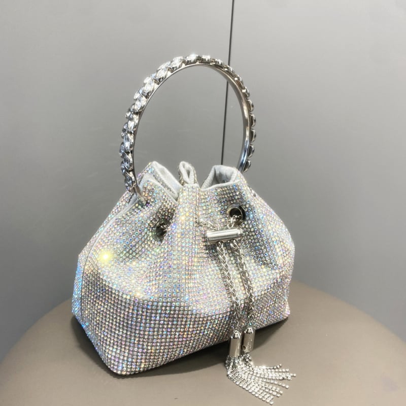 Ženska bucket torba s resicama i rhinestones, mala cilindrična torba za dnevnu upotrebu