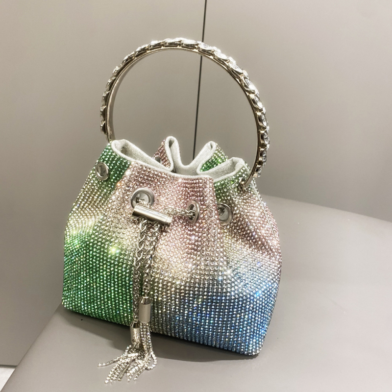Ženska bucket torba s resicama i rhinestones, mala cilindrična torba za dnevnu upotrebu