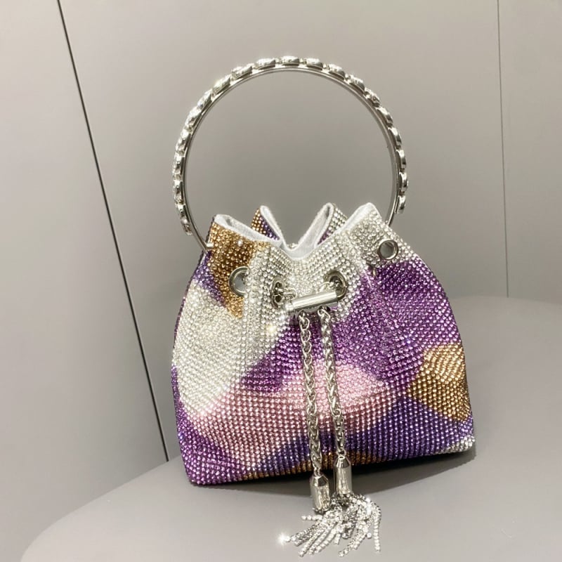 Ženska bucket torba s resicama i rhinestones, mala cilindrična torba za dnevnu upotrebu