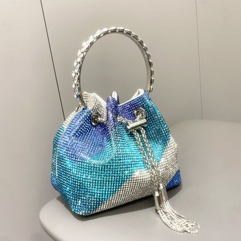 Ženska bucket torba s resicama i rhinestones, mala cilindrična torba za dnevnu upotrebu