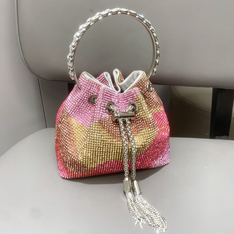 Ženska bucket torba s resicama i rhinestones, mala cilindrična torba za dnevnu upotrebu