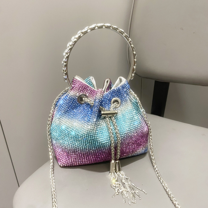 Ženska bucket torba s resicama i rhinestones, mala cilindrična torba za dnevnu upotrebu