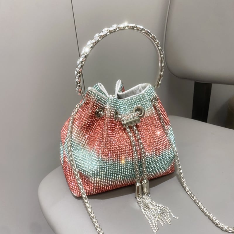 Ženska bucket torba s resicama i rhinestones, mala cilindrična torba za dnevnu upotrebu