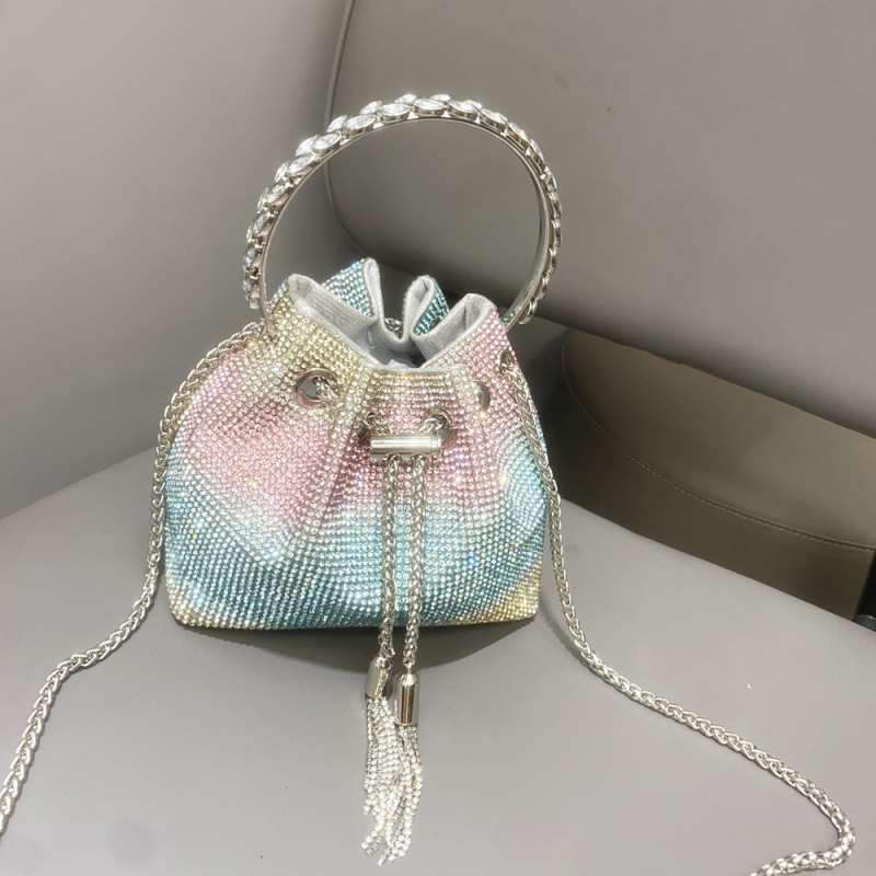 Ženska bucket torba s resicama i rhinestones, mala cilindrična torba za dnevnu upotrebu