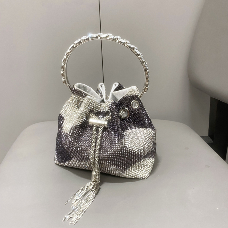 Ženska bucket torba s resicama i rhinestones, mala cilindrična torba za dnevnu upotrebu