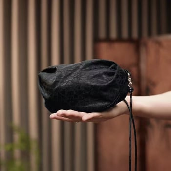 Geantă ovală pentru telefon, neagră, din mătase Mulberry, cu curea de umăr, stil chinezesc nou, formă de dumpling, moștenire culturală imaterială