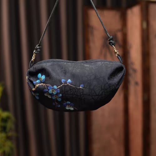Geantă ovală pentru telefon, neagră, din mătase Mulberry, cu curea de umăr, stil chinezesc nou, formă de dumpling, moștenire culturală imaterială