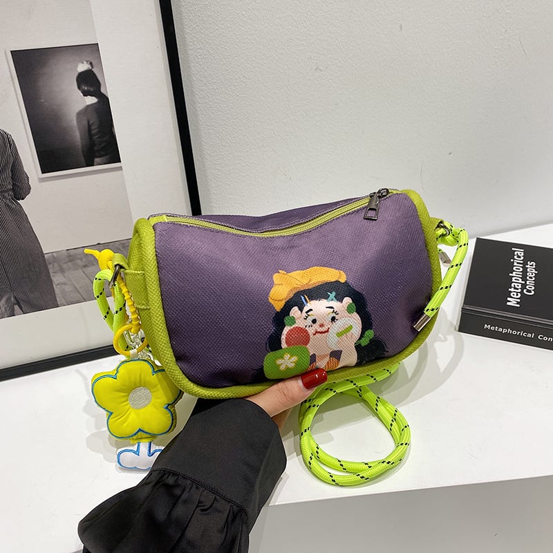 Női vászontáska egyedi illusztrációkkal és graffiti mintákkal, aranyos rajzfilmes dizájn, vállon hordható/crossbody, közepes méretű