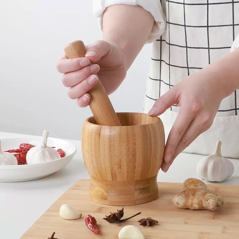 Бамбуков мачкач за чесън с капак, ръчна преса за чесън за кухнята