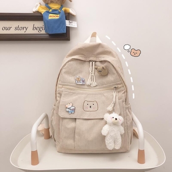Corduroy ruksak za djevojke, Harajuku Ulzzang stil, svestran školski ruksak za srednju školu i fakultet, sladak ruksak