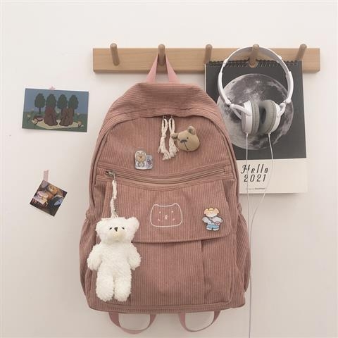 Corduroy ruksak za djevojke, Harajuku Ulzzang stil, svestran školski ruksak za srednju školu i fakultet, sladak ruksak