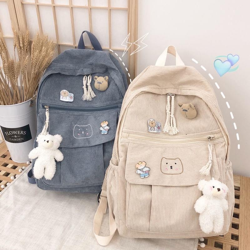 Corduroy ruksak za djevojke, Harajuku Ulzzang stil, svestran školski ruksak za srednju školu i fakultet, sladak ruksak