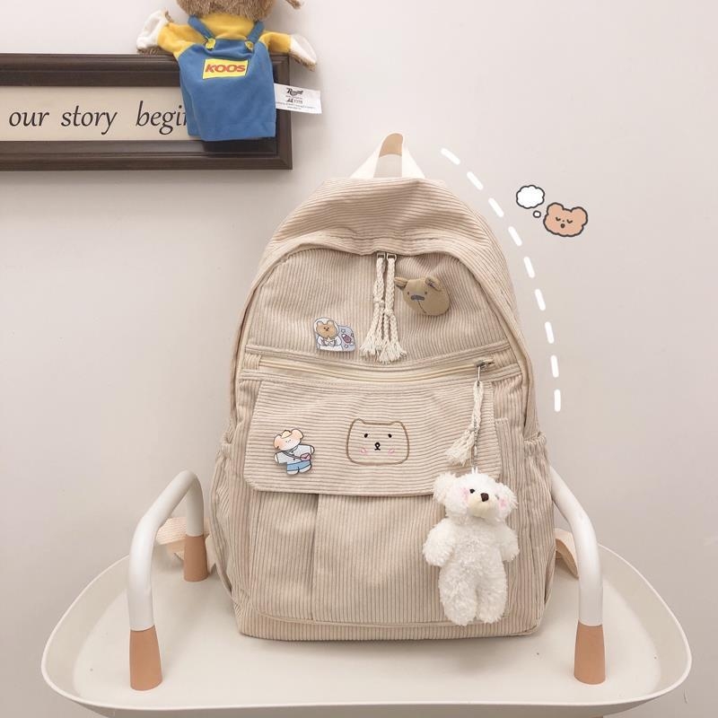 Corduroy ruksak za djevojke, Harajuku Ulzzang stil, svestran školski ruksak za srednju školu i fakultet, sladak ruksak