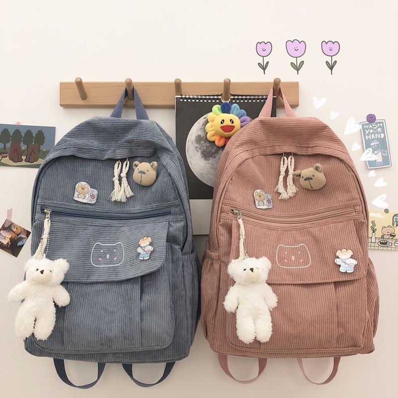 Corduroy ruksak za djevojke, Harajuku Ulzzang stil, svestran školski ruksak za srednju školu i fakultet, sladak ruksak