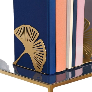 Минималистичен държач за книги с лист гинкго, L-образен, метален, златист
