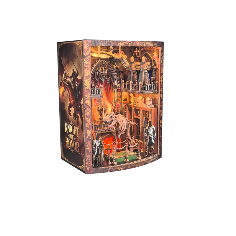 Нов DIY дървен пъзел за стойка за книги: 3D миниатюрна сцена Dragon Spine Glory Knight Hall, образователна играчка и декоративен аксесоар
