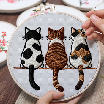 DIY комплект за бродерия за начинаещи — котешки дизайн, ленточна бродерия, ръчна изработка, скандинавски стил