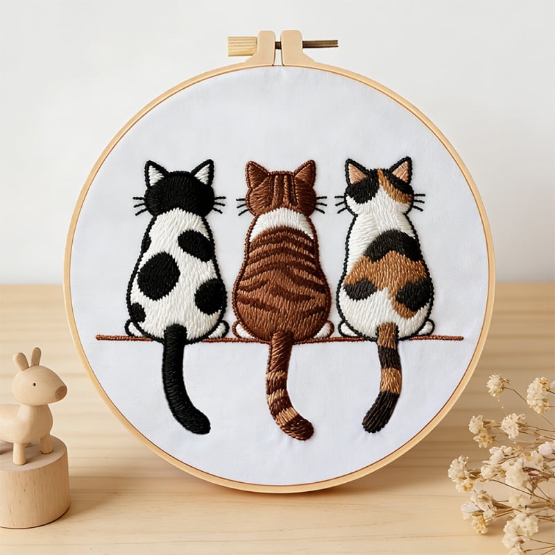 DIY комплект за бродерия за начинаещи — котешки дизайн, ленточна бродерия, ръчна изработка, скандинавски стил