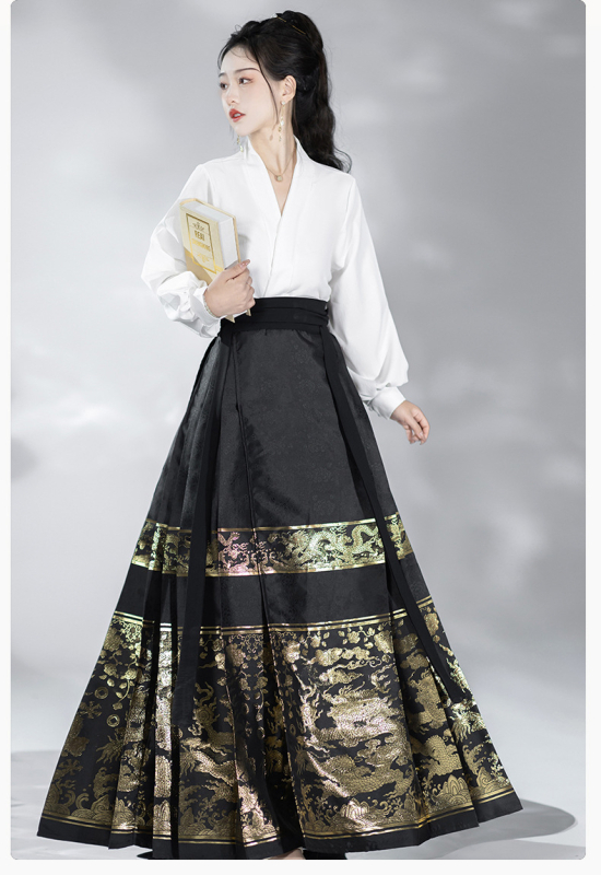 Ženski hanfu u Ming stilu: set suknje i bluze s motivom jade dragon seal i suknja s konjskim licem, zlatni žakard