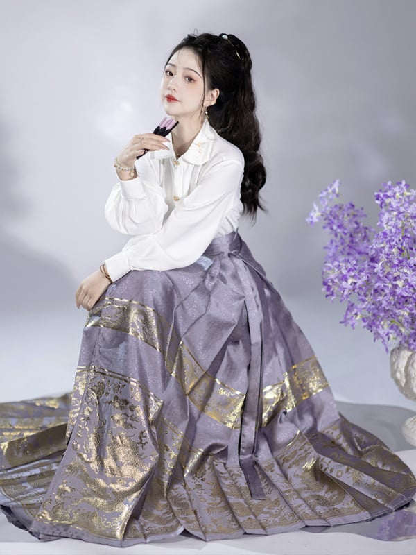 Ženski hanfu u Ming stilu: set suknje i bluze s motivom jade dragon seal i suknja s konjskim licem, zlatni žakard