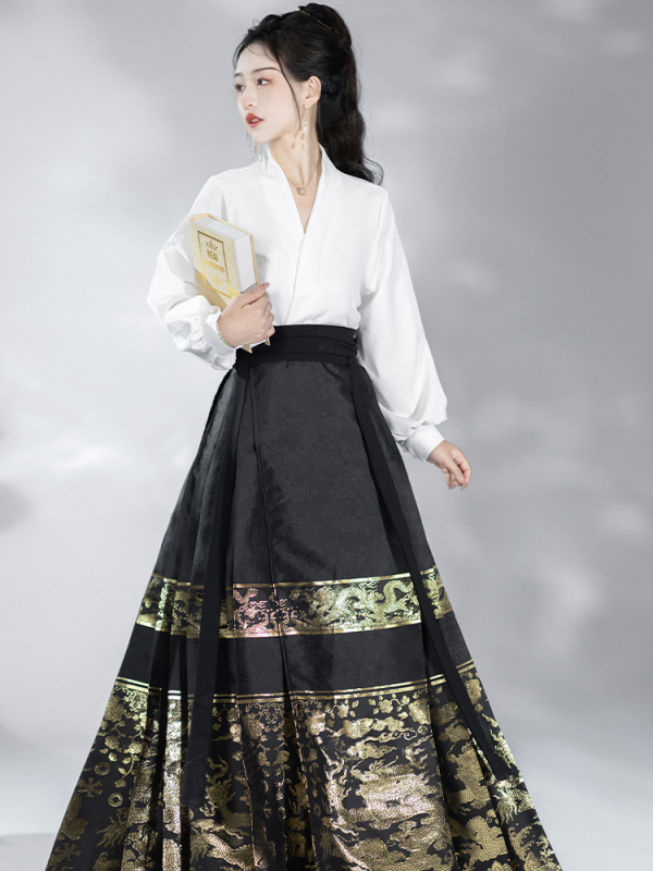 Ženski hanfu u Ming stilu: set suknje i bluze s motivom jade dragon seal i suknja s konjskim licem, zlatni žakard