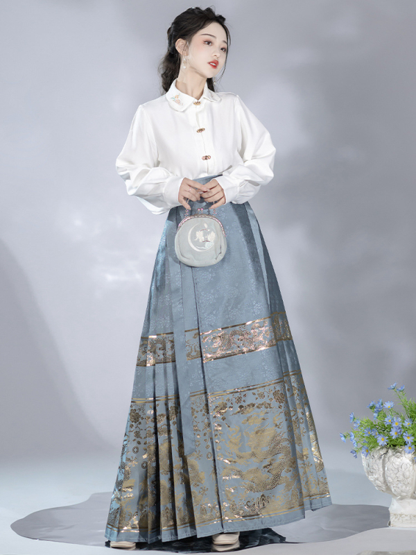 Ženski hanfu u Ming stilu: set suknje i bluze s motivom jade dragon seal i suknja s konjskim licem, zlatni žakard