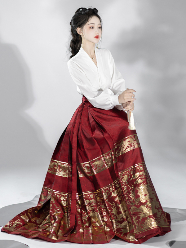 Ženski hanfu u Ming stilu: set suknje i bluze s motivom jade dragon seal i suknja s konjskim licem, zlatni žakard