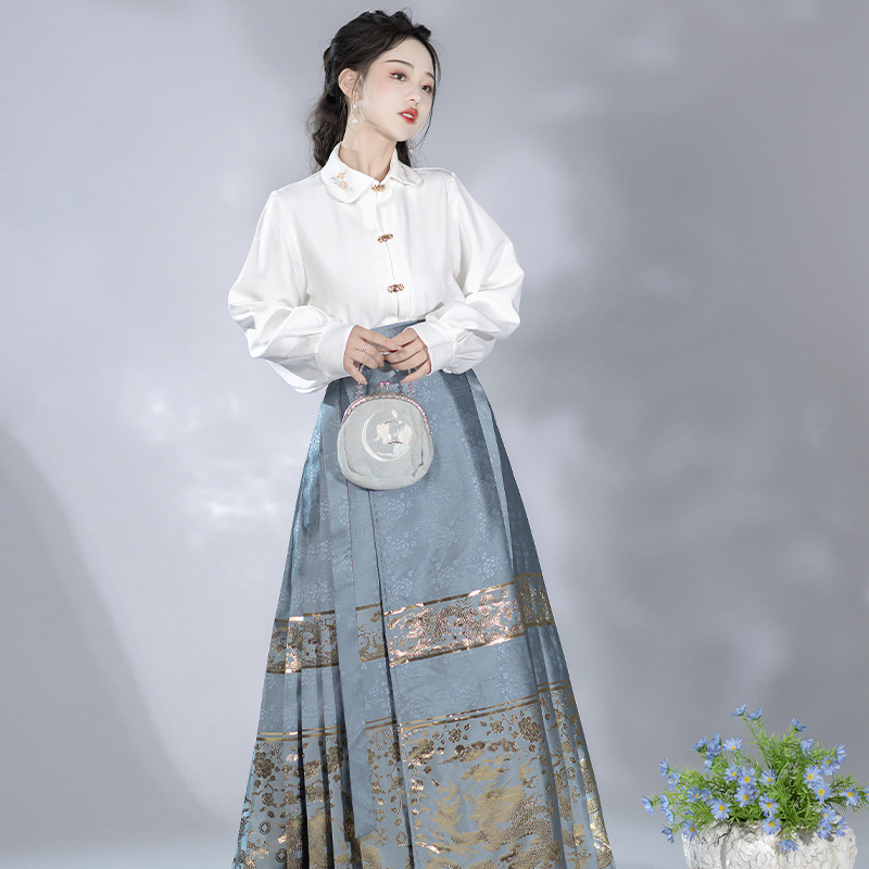 Ženski hanfu u Ming stilu: set suknje i bluze s motivom jade dragon seal i suknja s konjskim licem, zlatni žakard