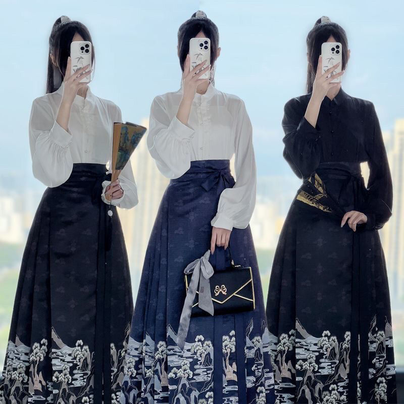 Női Hanfu, őszi Ming-stílusú mindennapi készlet lófejű szoknyával [Splendid Mountain and River]