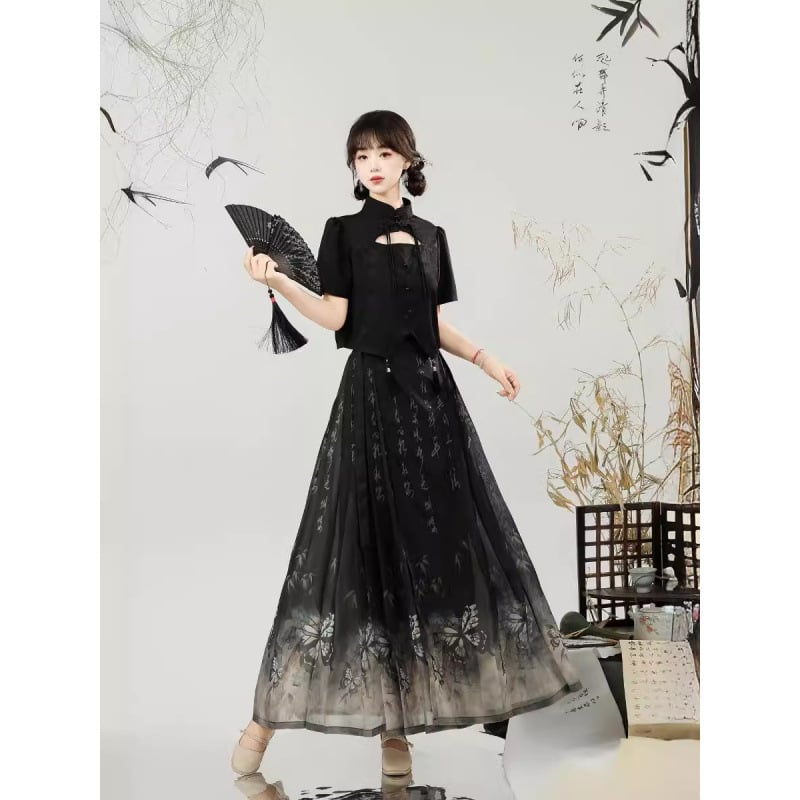 Butterfly Whisper 2024 kineski stil Hanfu set za žene, siva brokatna haljina i suknja s kaligrafskim motivom konjske glave, Horse-Face