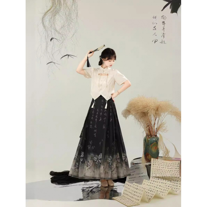 Butterfly Whisper 2024 kineski stil Hanfu set za žene, siva brokatna haljina i suknja s kaligrafskim motivom konjske glave, Horse-Face