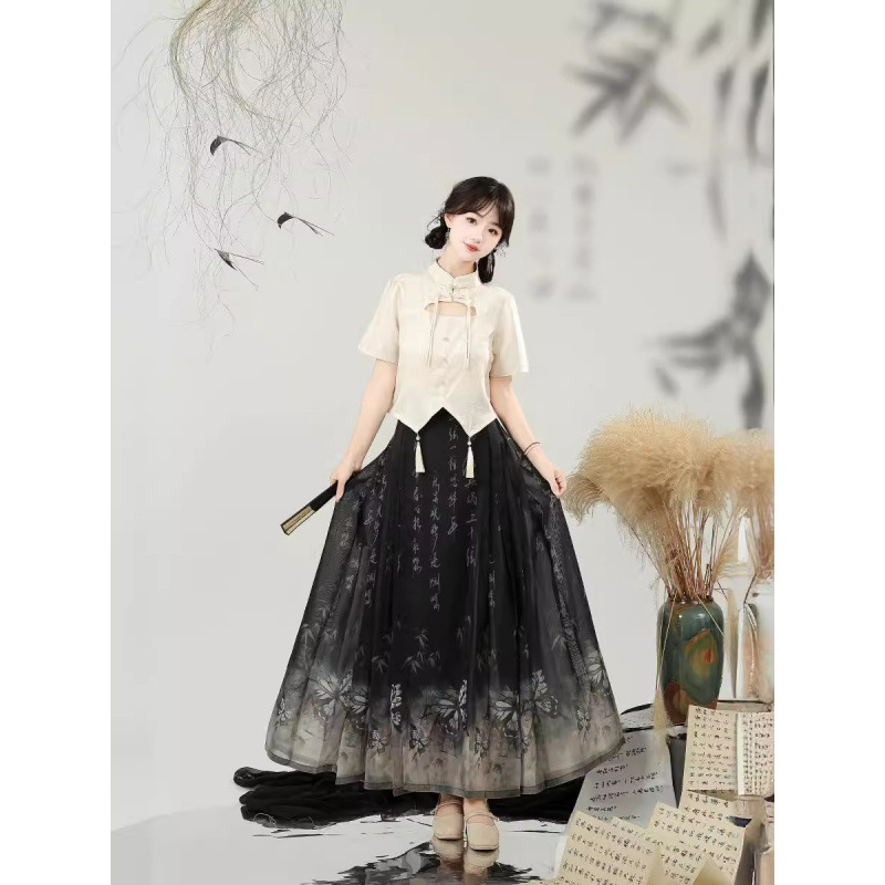 Butterfly Whisper 2024 kineski stil Hanfu set za žene, siva brokatna haljina i suknja s kaligrafskim motivom konjske glave, Horse-Face