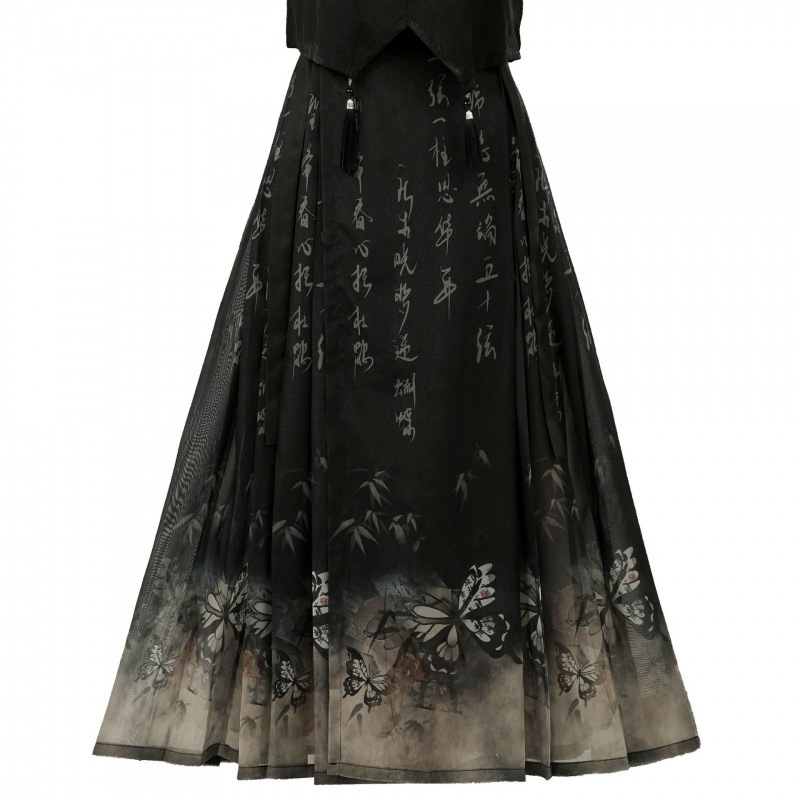 Butterfly Whisper 2024 kineski stil Hanfu set za žene, siva brokatna haljina i suknja s kaligrafskim motivom konjske glave, Horse-Face