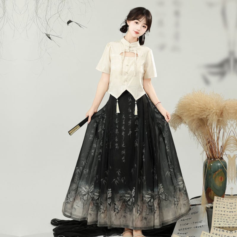 Butterfly Whisper 2024 kineski stil Hanfu set za žene, siva brokatna haljina i suknja s kaligrafskim motivom konjske glave, Horse-Face