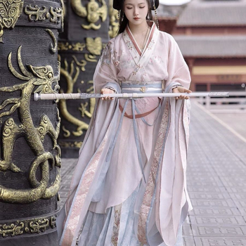 Ženski Hanfu set inspiriran dinastijama Wei, Jin i južnih i sjevernih dinastija; eterični drevni stil, gornji dio s ravnim rubom i širokim rukavima, set s suknjom