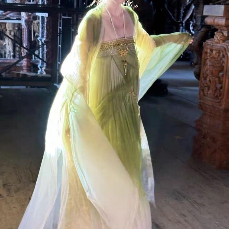 Ženski hanfu, novi proljeće-ljeto-jesen stil, ružičasta, zelena i ljubičasta, jednopartski ruqun s vezom i otiskom, set s velikim rukavima, 2026
