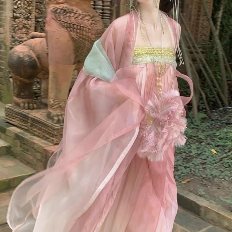 Ženski hanfu, novi proljeće-ljeto-jesen stil, ružičasta, zelena i ljubičasta, jednopartski ruqun s vezom i otiskom, set s velikim rukavima, 2026