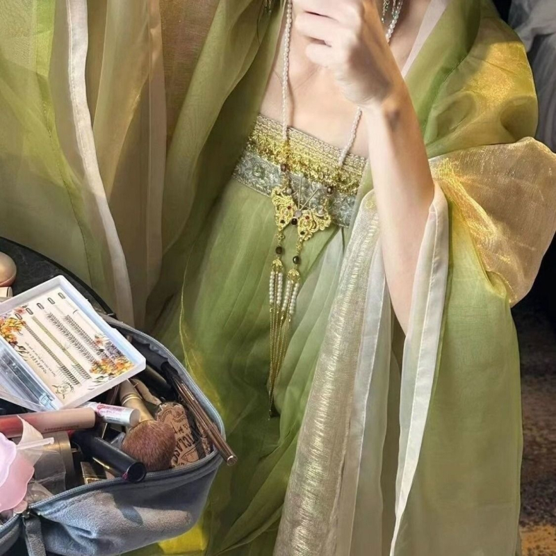 Ženski hanfu, novi proljeće-ljeto-jesen stil, ružičasta, zelena i ljubičasta, jednopartski ruqun s vezom i otiskom, set s velikim rukavima, 2026