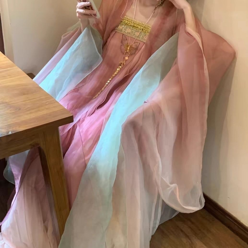 Ženski hanfu, novi proljeće-ljeto-jesen stil, ružičasta, zelena i ljubičasta, jednopartski ruqun s vezom i otiskom, set s velikim rukavima, 2026
