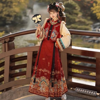 Ženski Hanfu u Ming stilu za jesen-zimu, izvezeni gornji dio s visokim ovratnikom i suknja s tradicionalnim krojem, podstavljena poliesterom, Luyu