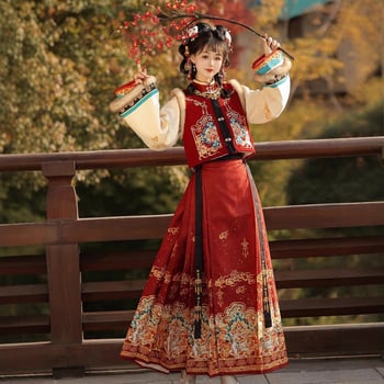 Ženski Hanfu u Ming stilu za jesen-zimu, izvezeni gornji dio s visokim ovratnikom i suknja s tradicionalnim krojem, podstavljena poliesterom, Luyu