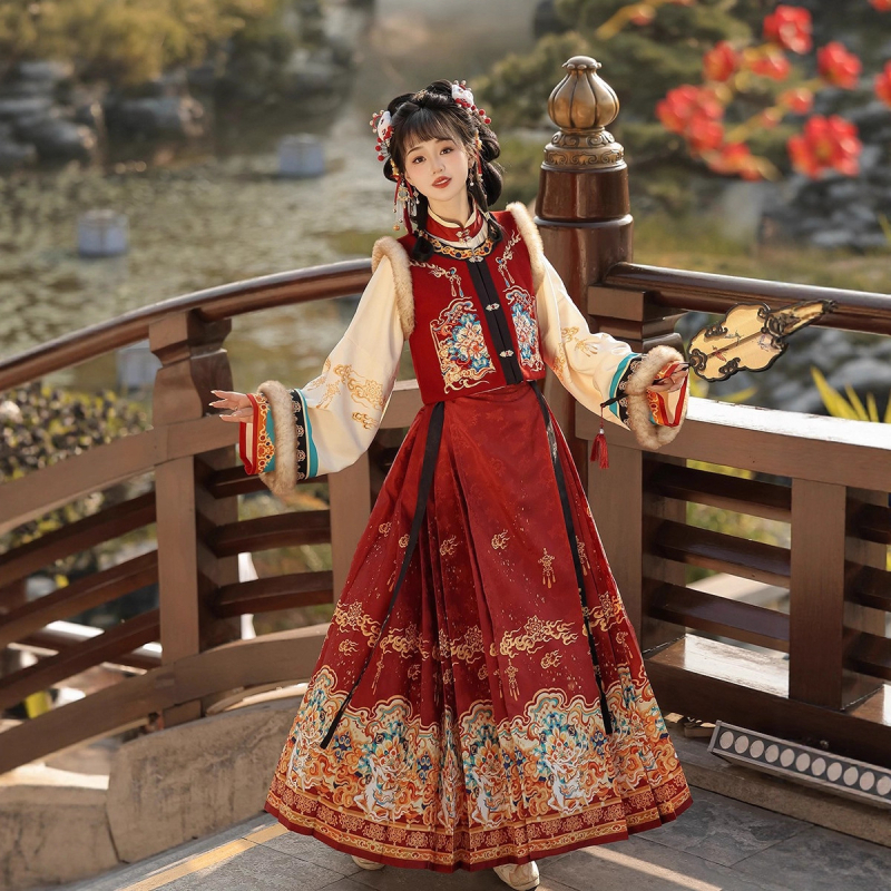 Ženski Hanfu u Ming stilu za jesen-zimu, izvezeni gornji dio s visokim ovratnikom i suknja s tradicionalnim krojem, podstavljena poliesterom, Luyu