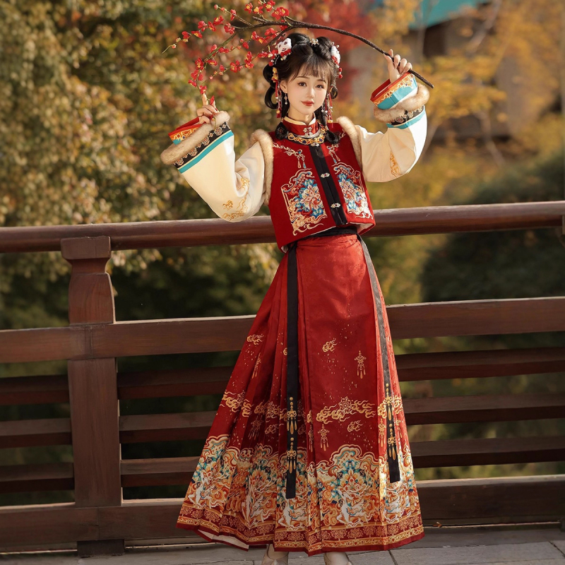 Ženski Hanfu u Ming stilu za jesen-zimu, izvezeni gornji dio s visokim ovratnikom i suknja s tradicionalnim krojem, podstavljena poliesterom, Luyu