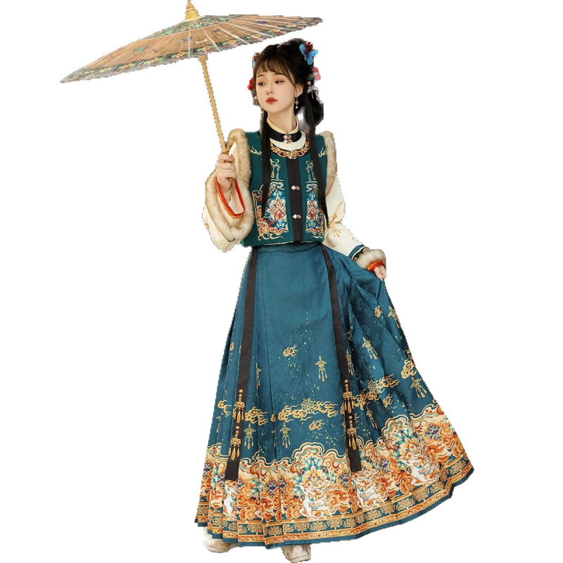 Ženski Hanfu u Ming stilu za jesen-zimu, izvezeni gornji dio s visokim ovratnikom i suknja s tradicionalnim krojem, podstavljena poliesterom, Luyu