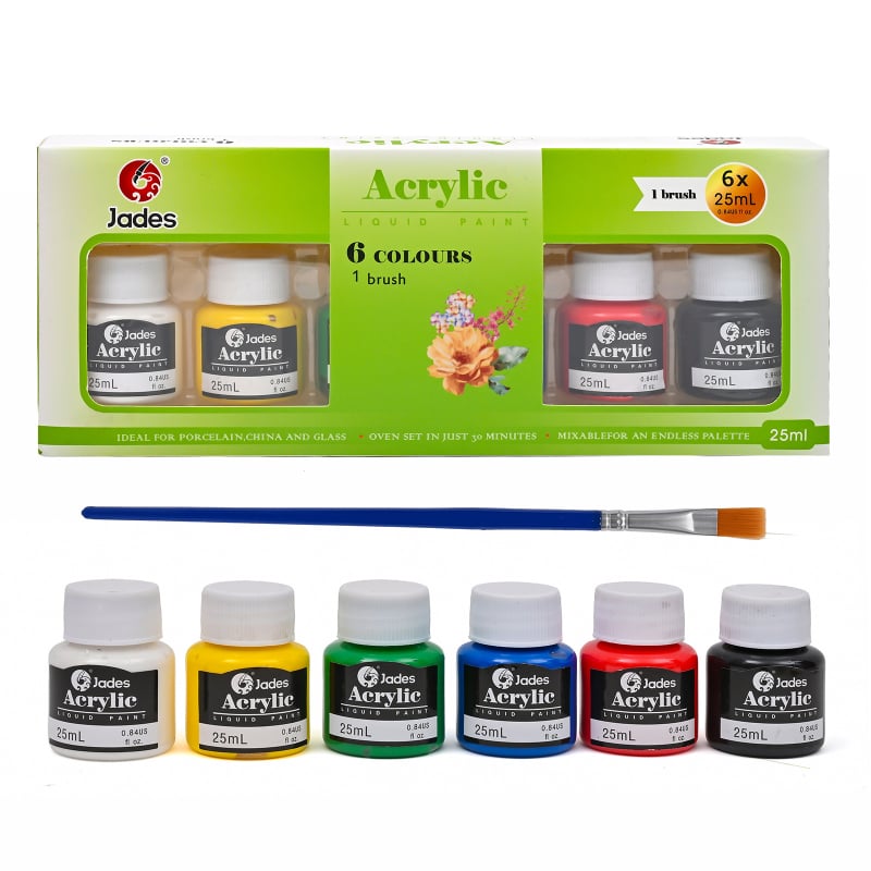 Set boja za djecu: vodene boje (akvarel), akrilne boje, gouache i uljane boje za tekstil i staklo, 25 ml po pigmentu, kutija s 6 boja