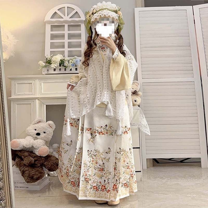 Ženski Hanfu set u Ming stilu: kratka bluza s preklopnim ovratnikom, rukavi u stilu pipa i suknja Mamian, Lolita inspiriran outfit