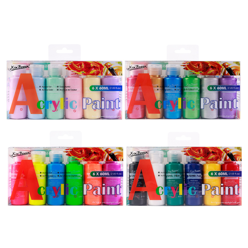 Xinbowen akrilne boje 60 ml, perlasto fluorescirajuće makaron boje za crtanje prstima, set od 6 boja