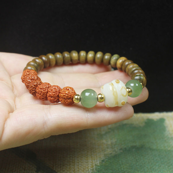 Perle din lemn de santal verde cu brățară Rudraksha, flori din lemn, stil chinezesc, bijuterii unisex, mărgele budiste, rozariu