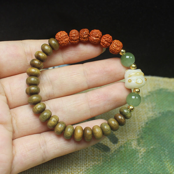 Perle din lemn de santal verde cu brățară Rudraksha, flori din lemn, stil chinezesc, bijuterii unisex, mărgele budiste, rozariu