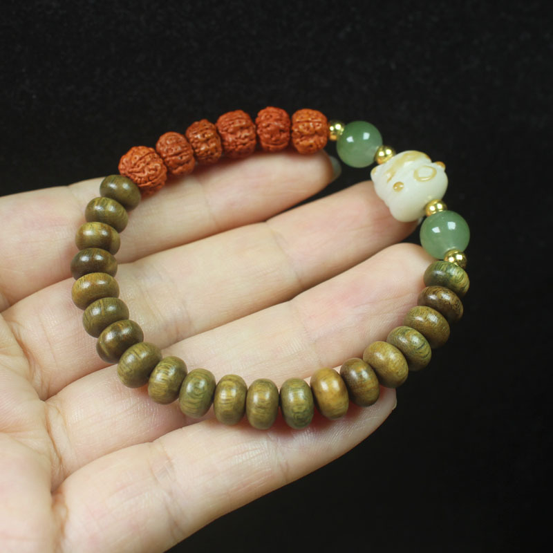 Perle din lemn de santal verde cu brățară Rudraksha, flori din lemn, stil chinezesc, bijuterii unisex, mărgele budiste, rozariu